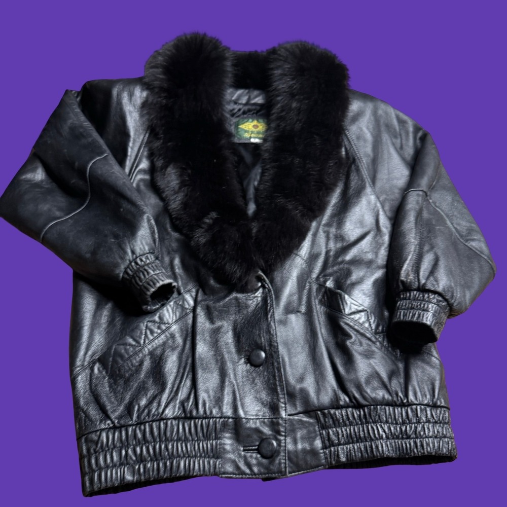 Vtg Avanti Fox Fur Trim Black Leather Jacket M Button Shoulder Pad Winter Coat